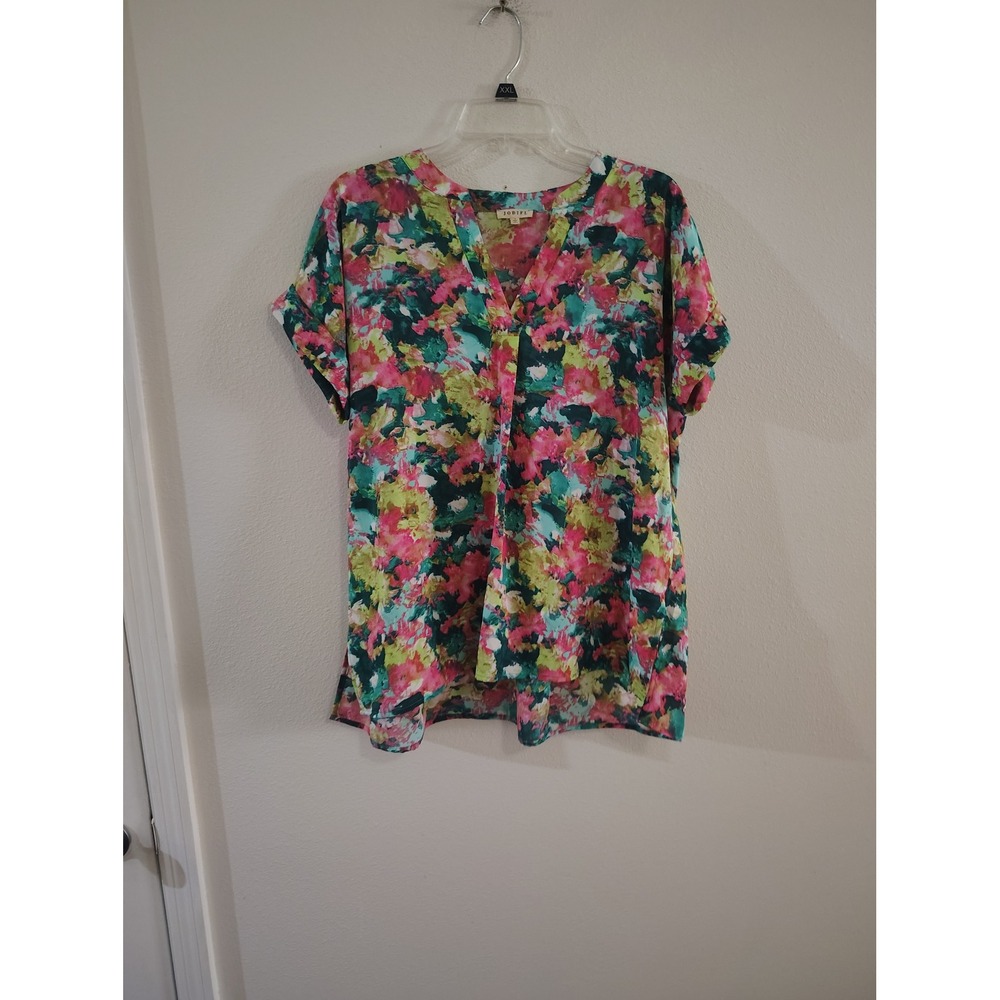 Jodifl‎ Abstract Floral Print V-Neck Blouse Short Sleeve Pink Green Small